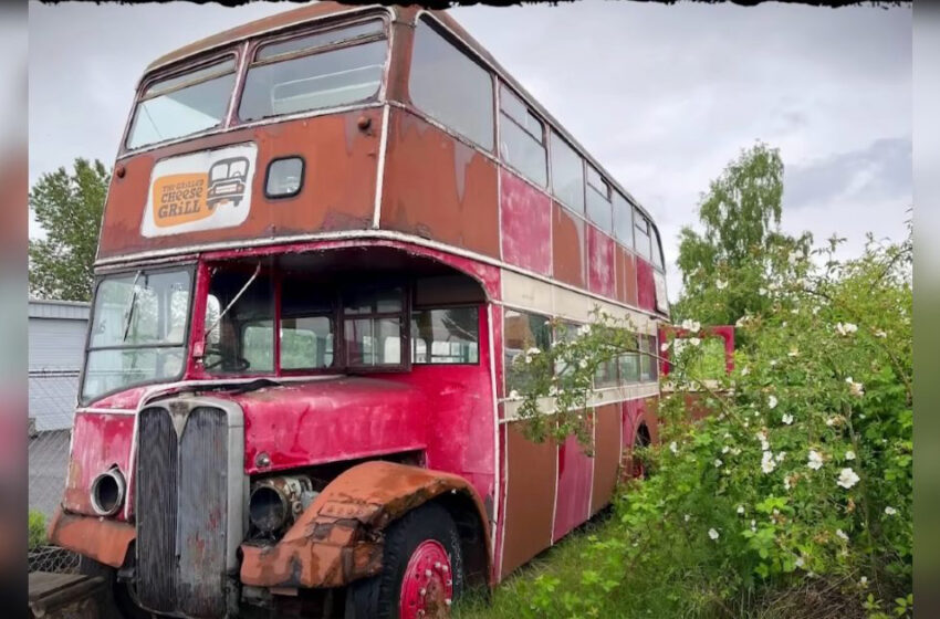  Hombre compra un autobús de dos pisos de la década de 1950 usado como camión de comida y lo remodela en una divertida casa diminuta.